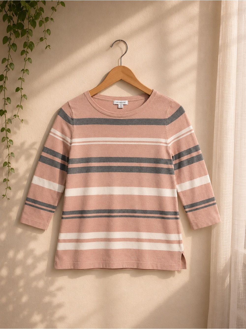 Liz Claiborne pink, white, and gray horizontal striped sweater in size M